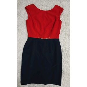 Ellen Tracy Navy and Red Dress Size 8 With Gold Chain Workwear Casual Back Vneck